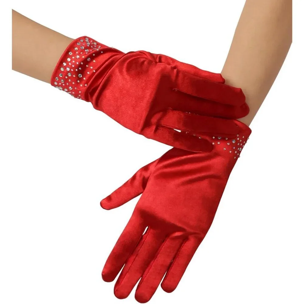 Women's Red Sparkly Glitter Rhinestone Stretchy Satin Wrist Length Gloves